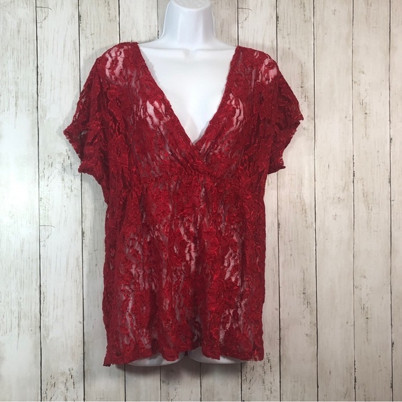 Torrid Red Lace V-Neck Overlay Stretch Blouse 2X - Picture 1 of 6